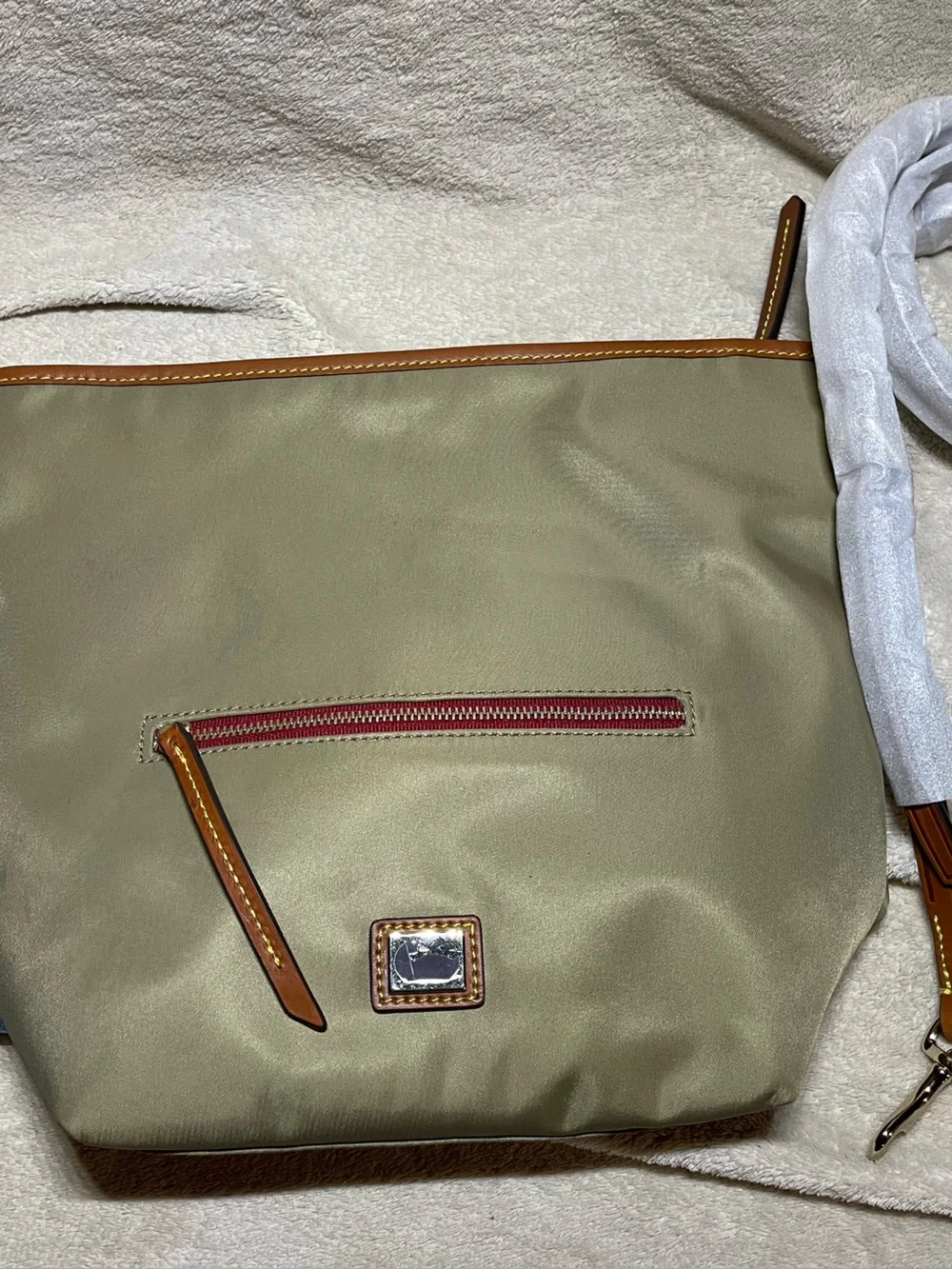 Dooney & Bourke Olive Nylon Crossbody with Tan Leather and Red Zip Trim